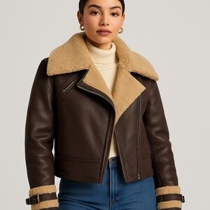 Beulah Brown Jacket with Cream Shearling Trim Size M